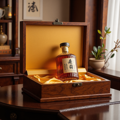 高端白酒瓶装，透明玻璃瓶身，金色包装盒，传统中国风设计，红色丝带装饰